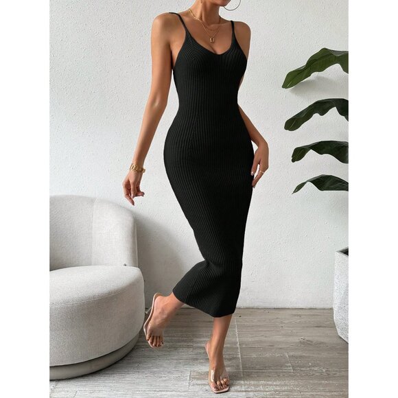 Ribbed knit light-weight sweater dress midi fitted black - Picture 1 of 6